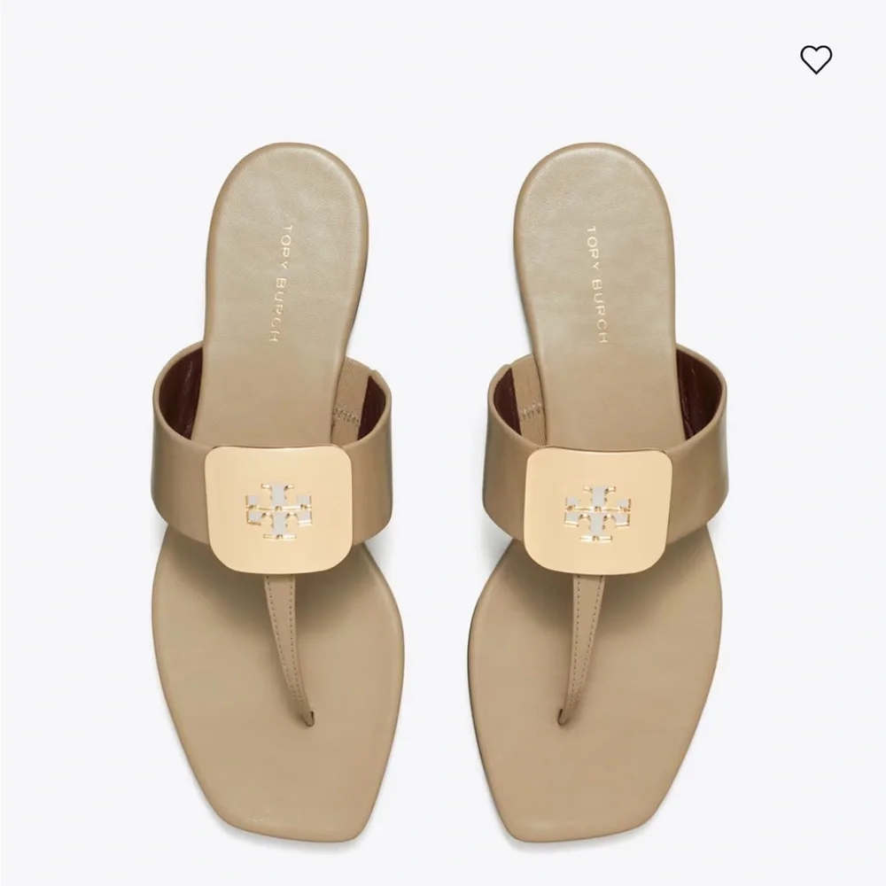 Tory Burch Taupe Georgia Slide Sandals with Gold Emblem